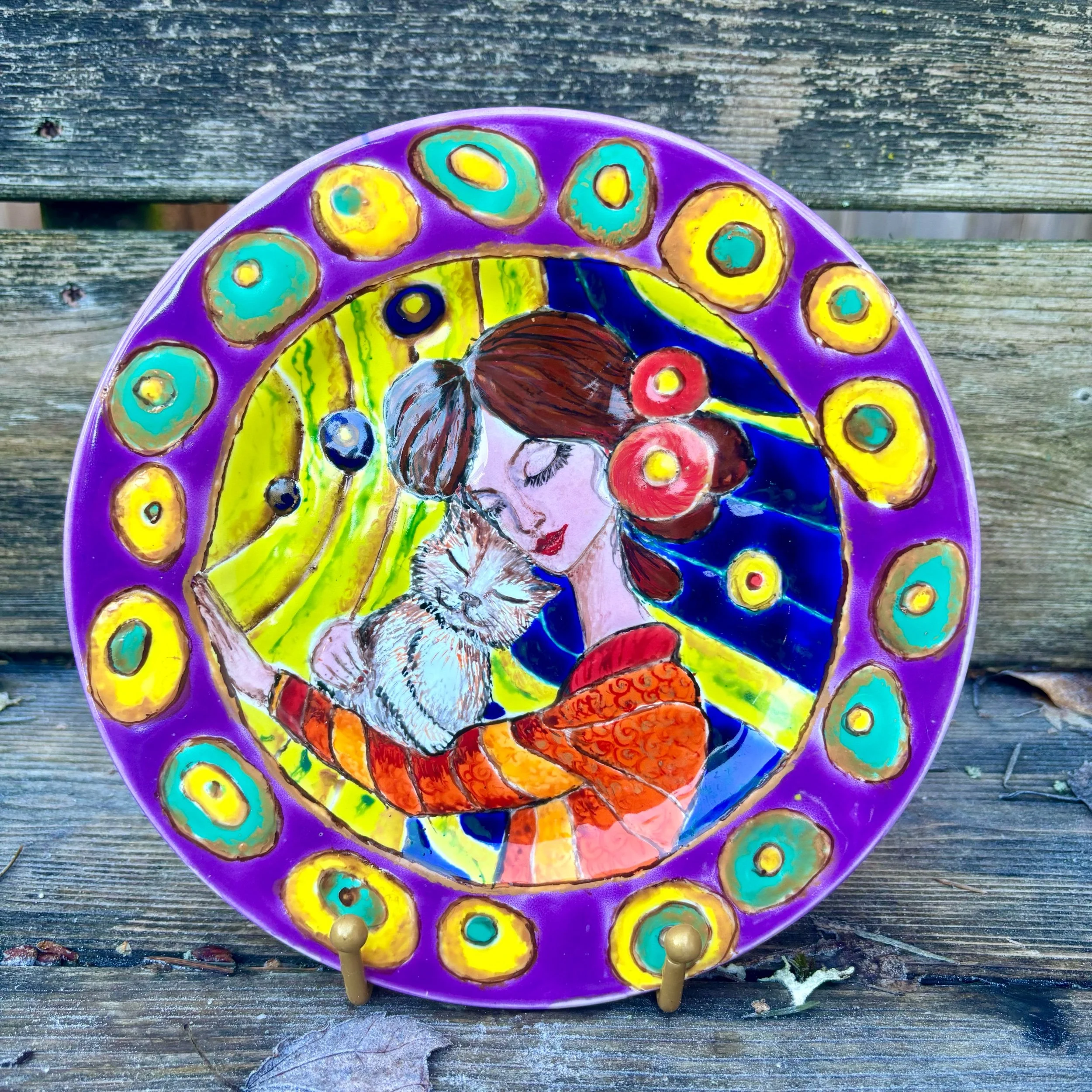 9-Inch Majolica Plate: Woman with Cat