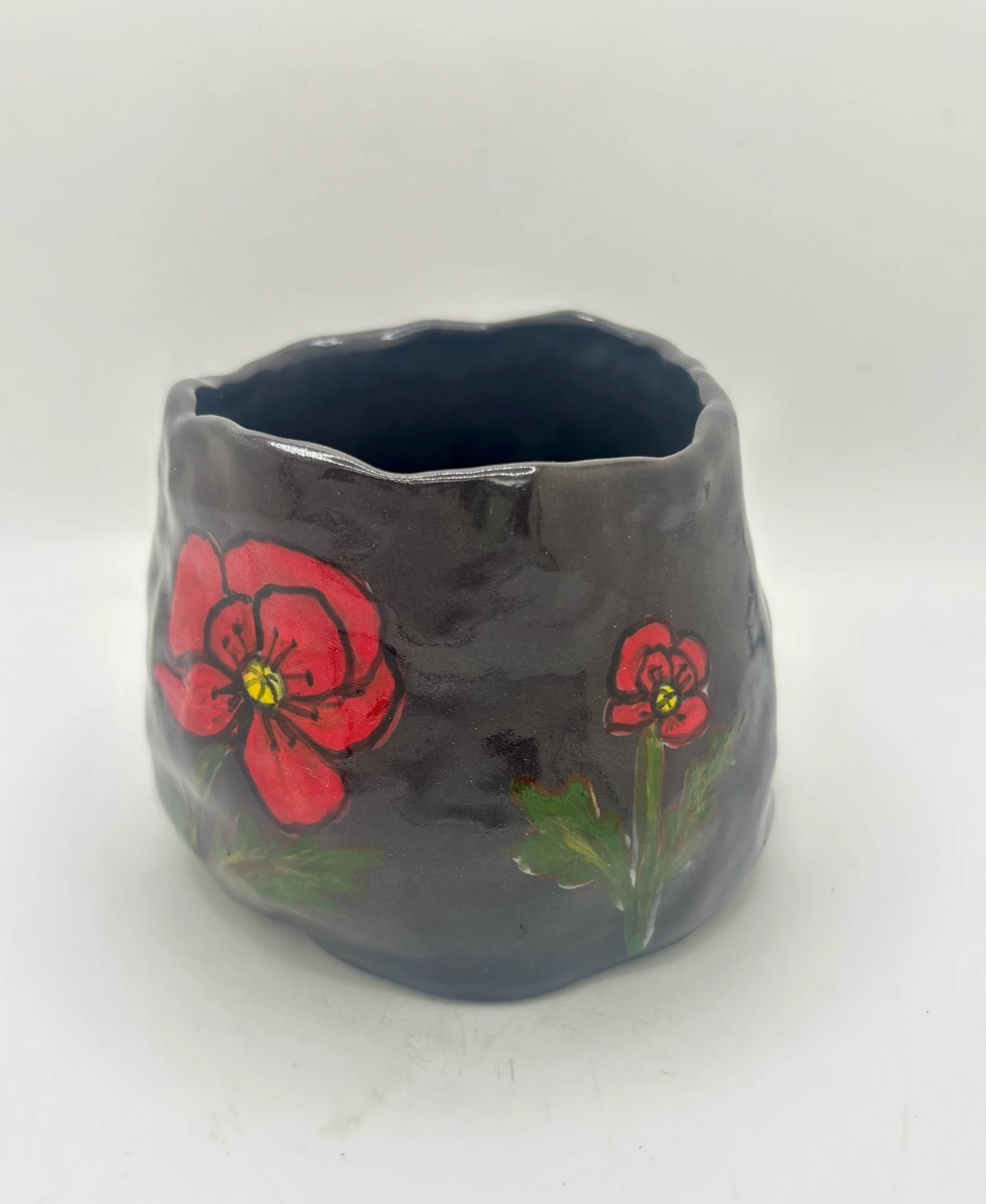 Spanish Black Porcelain Asymmetric  Cup — Red Poppy